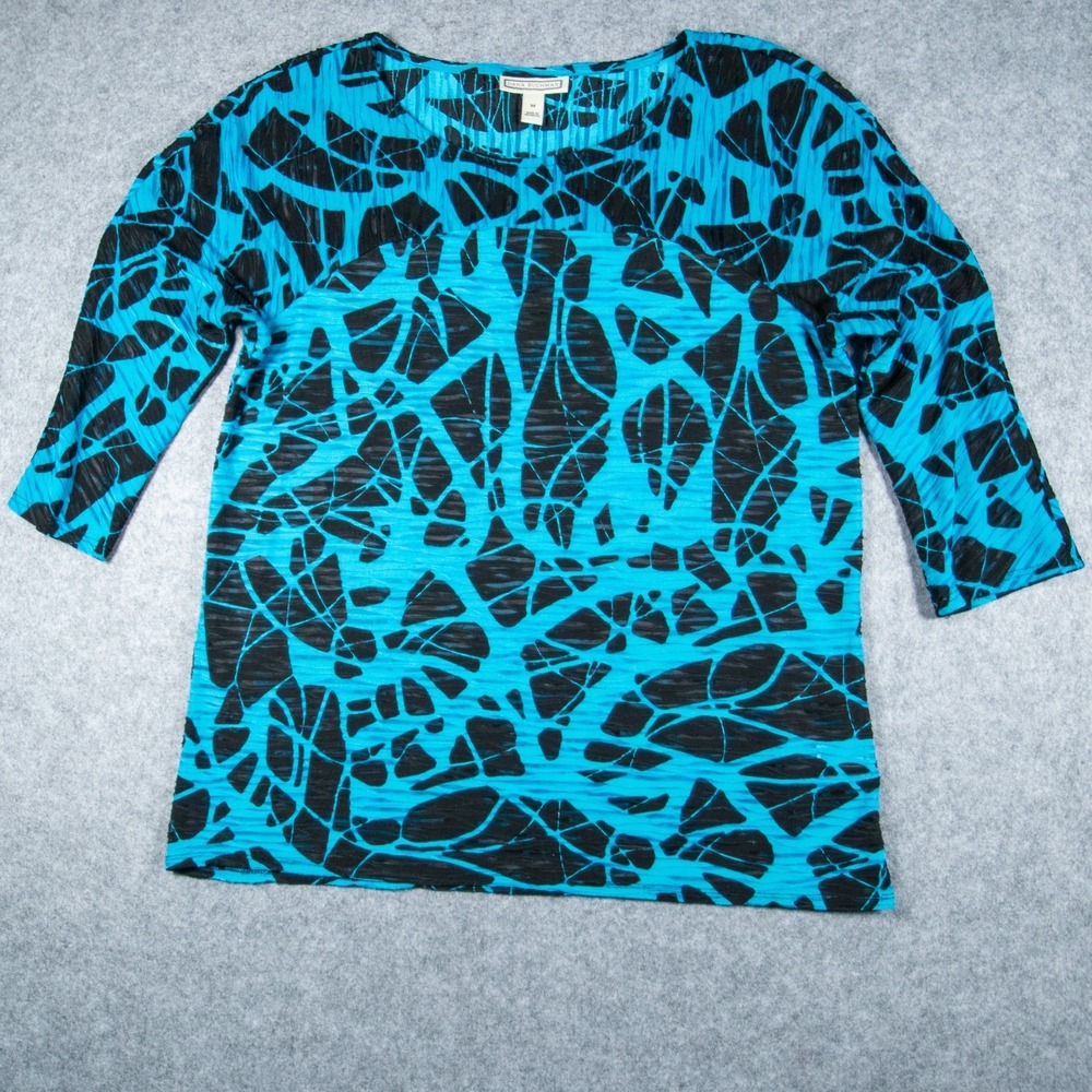 Dana Buchman Abstract Geometric Top Medium Turquoise Blue Black 3/4 Sleeve